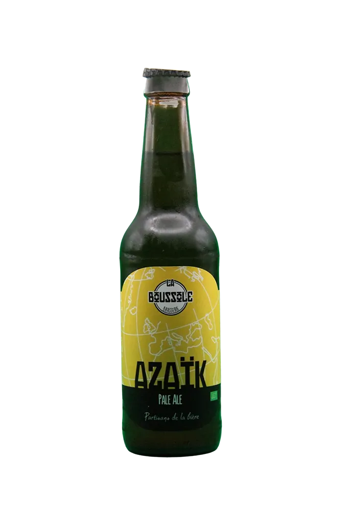 Bouteille de bière artisanale Azaïk Pale Ale avec une étiquette jaune.