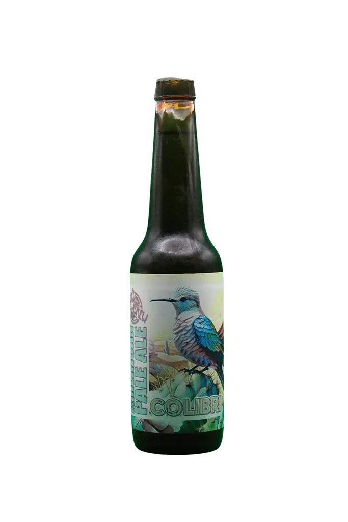 Bouteille de bière artisanale Colibri Pale Ale avec une étiquette illustrée d’un colibri.
