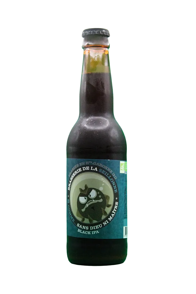 Bouteille de bière Black IPA de la Brasserie de la Seillonne avec une étiquette sombre et originale.